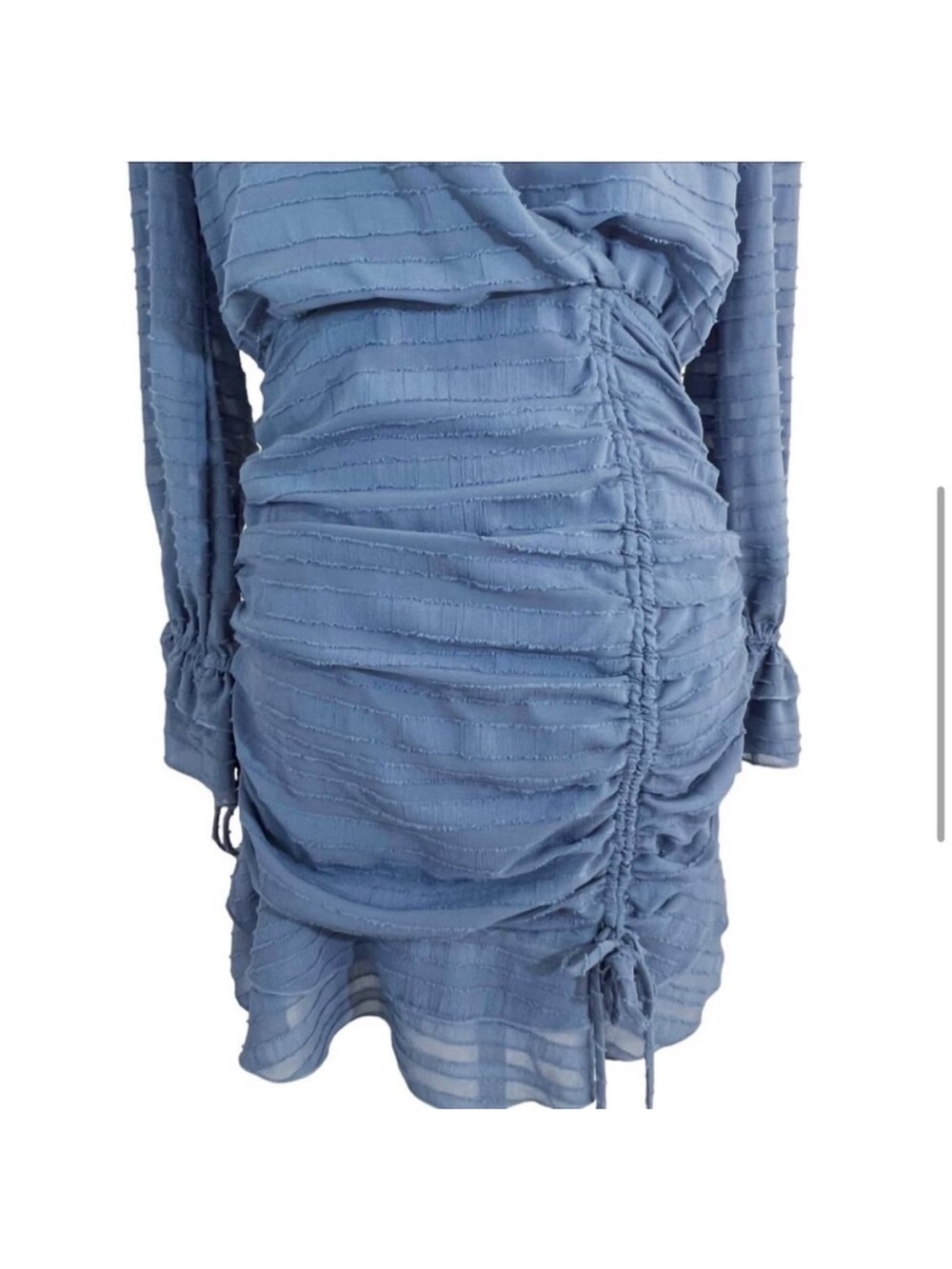 STYLE RACK Summer Sky Dusty Blue V-Neck Ruched Long-Sleeve Mini Dress - Picture 6 of 8